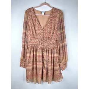 House of Harlow Shona Joy Dress Long Sleeve Mini Pink Printed Gold Thread Large